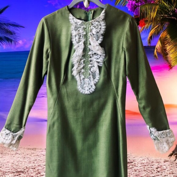 Vintage 60's Green Dress with Lace Handmade Edwardian MOD Cos Play XS XXS - Picture 16 of 16